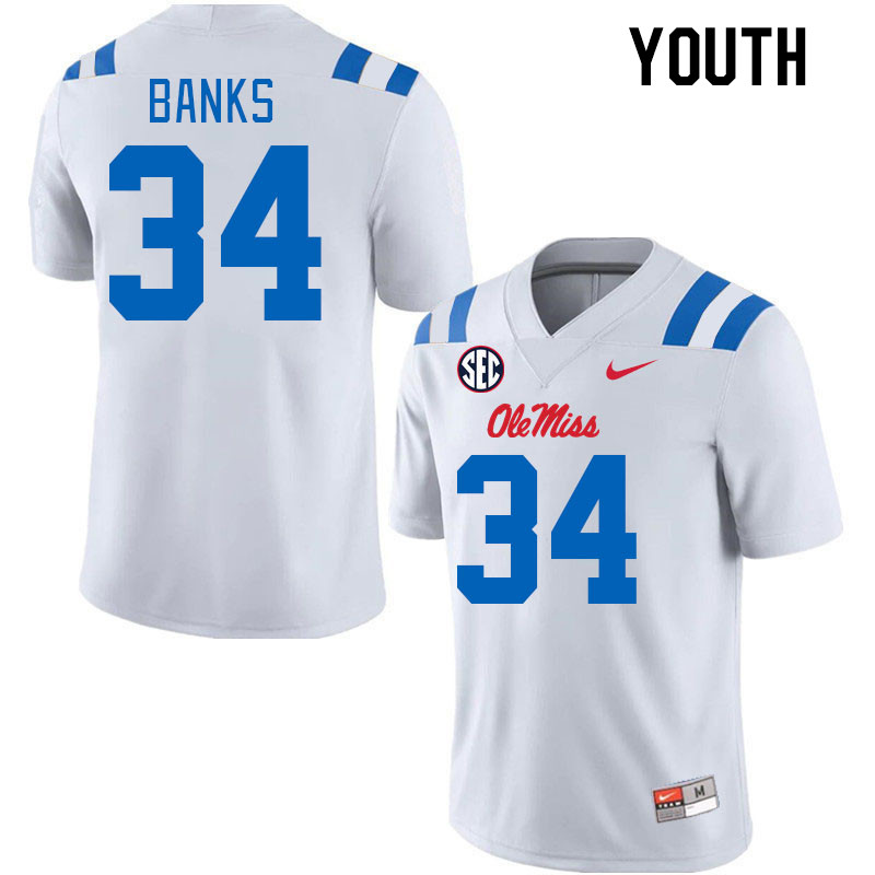 Youth #34 Tyler Banks Ole Miss Rebels 2024 New Uniforms College Football Jerseys Stitched-White